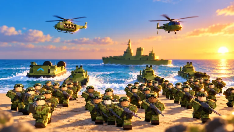 Army Commander Tycoon official artwork: Infantry landing on a beach with boats, helicopters and a ship offshore