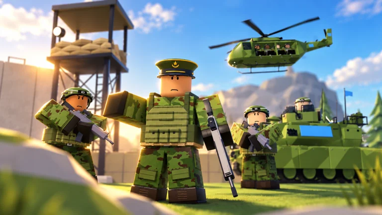 Army Commander Tycoon official artwork: A commander and soldiers beside a watchtower, armored vehicle and helicopter